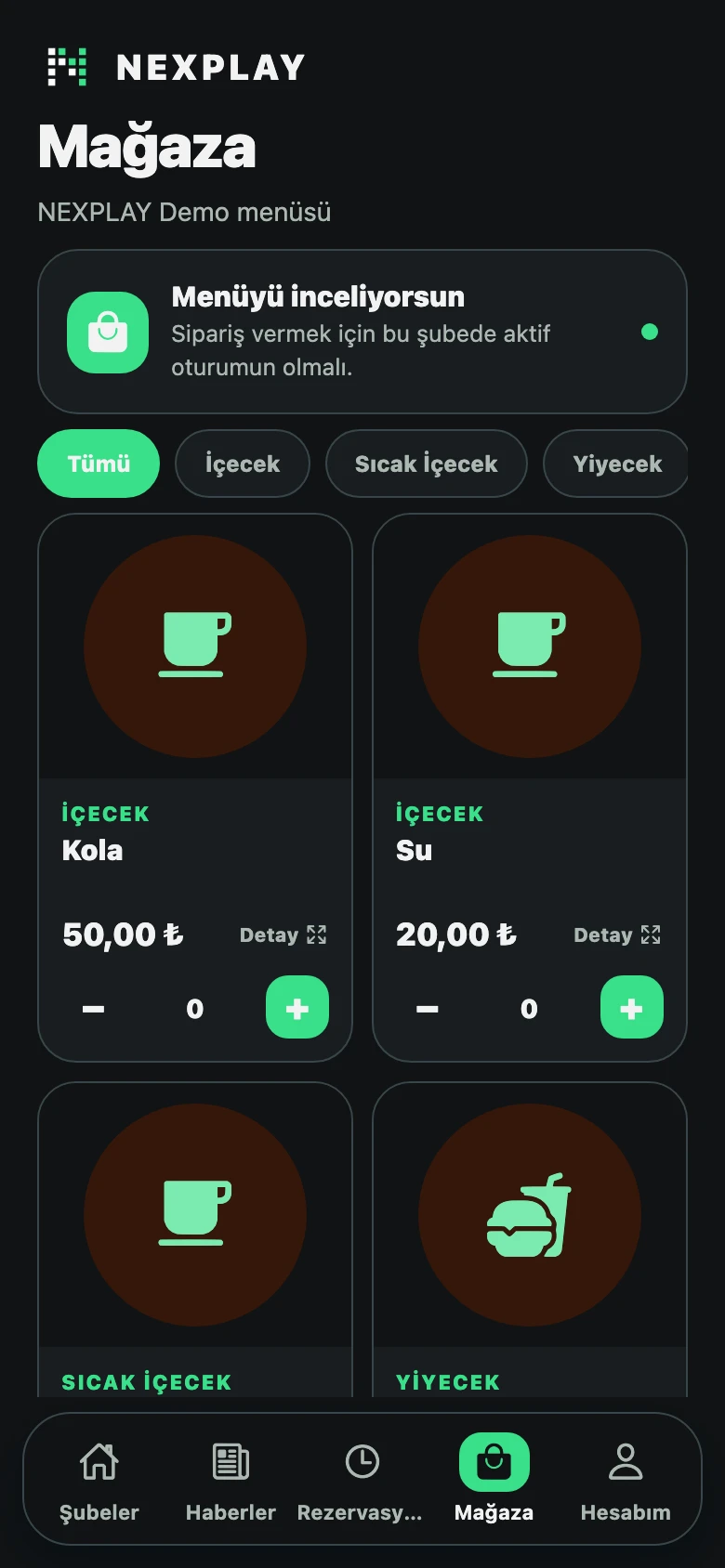 NEXPLAY mobil uygulamasının koyu temalı kafe sipariş ekranı