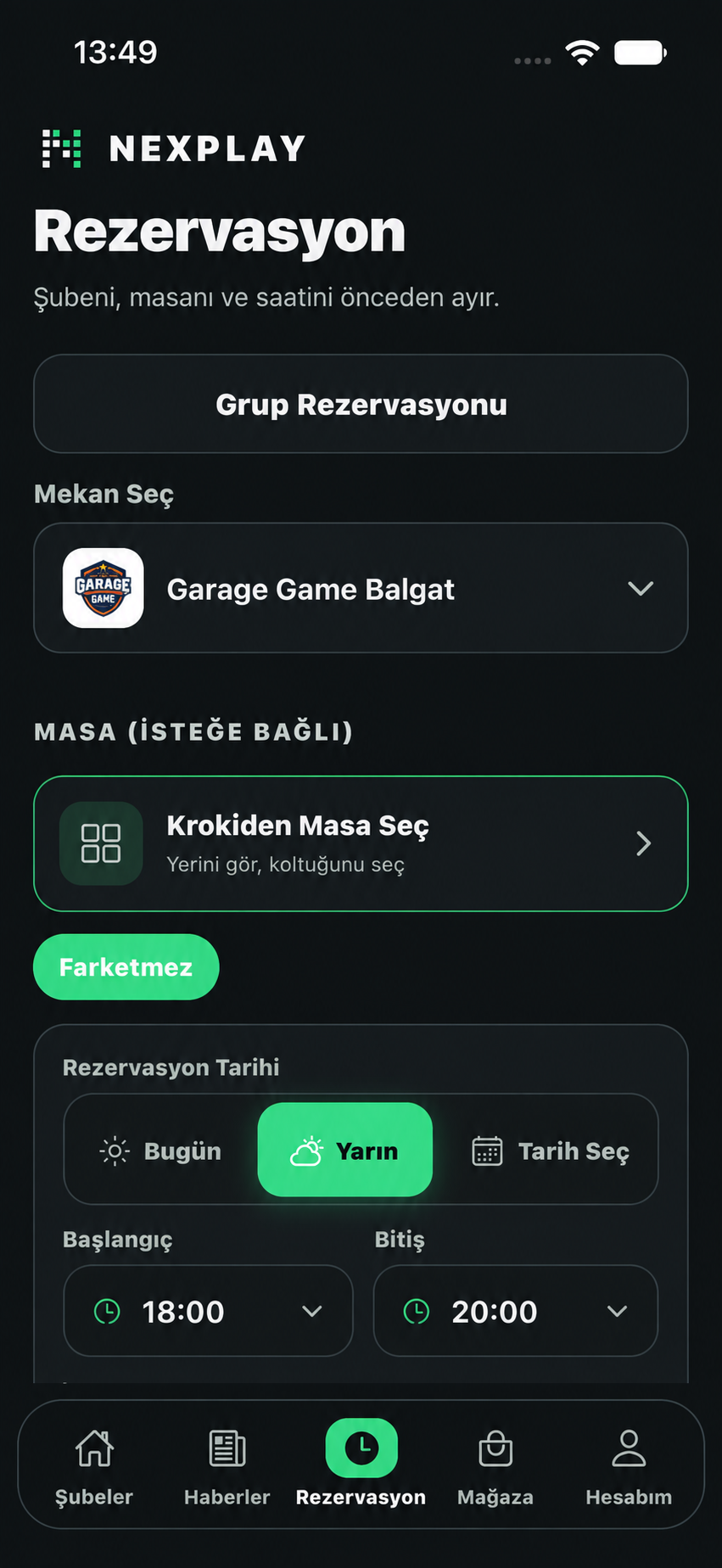 NEXPLAY iPhone uygulamasında güncel rezervasyon, masa ve tarih seçimi ekranı