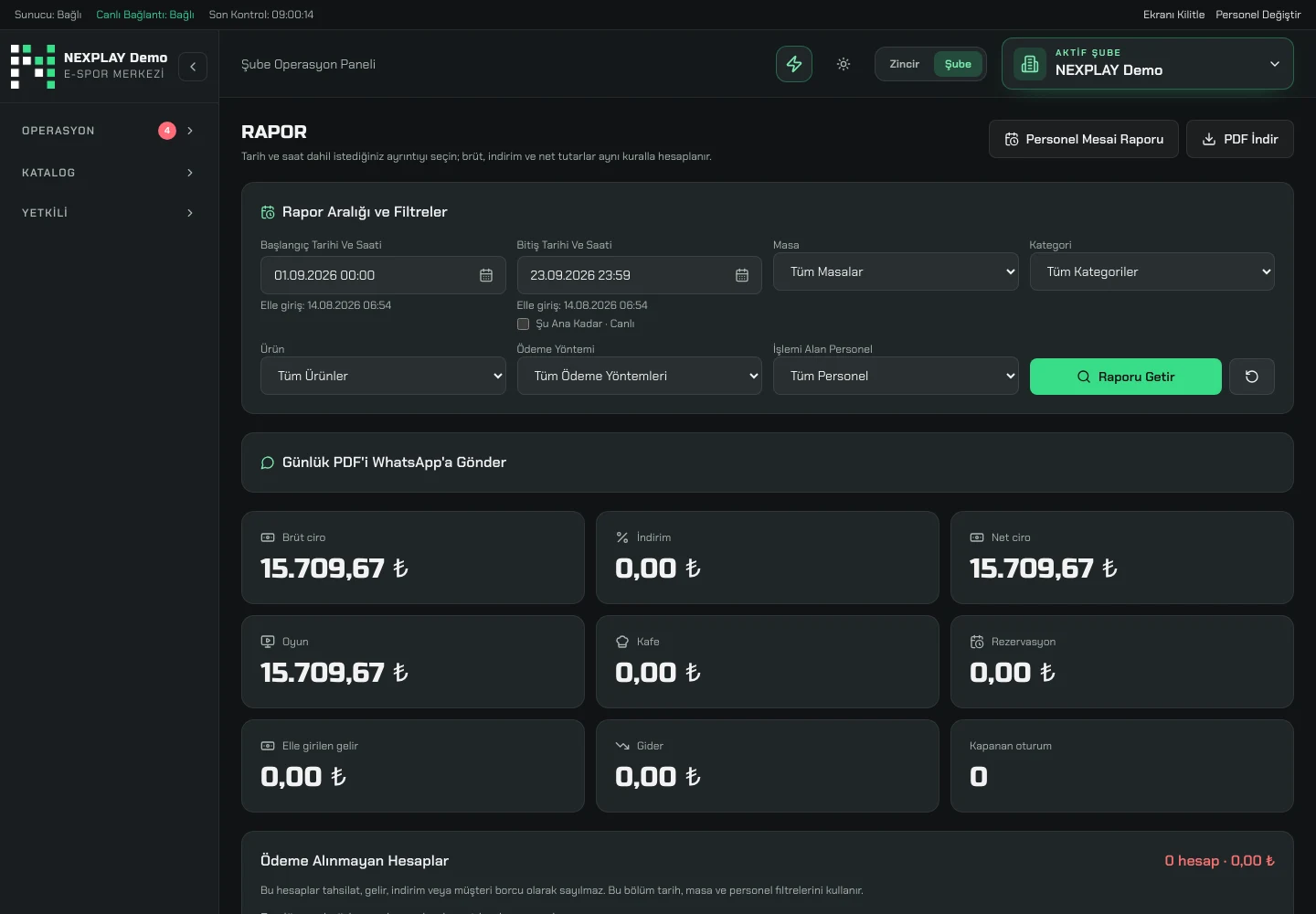 NEXPLAY yönetim panelinin gelir ve rapor ekranı