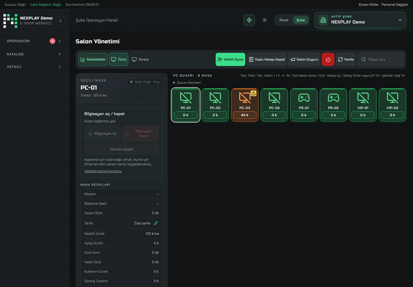 NEXPLAY yönetim panelinin gerçek salon ve masa yönetimi ekranı